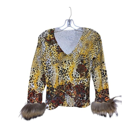 Vintage Y2K Lillie Rubin Sweater XS Real Fur Cuffs Animal Print Beaded Maximalis - Picture 1 of 5